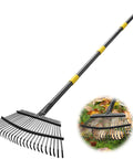 Heavy Duty Metal Leaf Rake With Adjustable 79 Inch Handle And 18 Inch Wide Head Featuring 25 Sturdy Tines For Lawns Yards Mulch