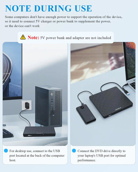 External CD DVD Drive For Laptops USB 3 Type C Plug And Play Portable Optical Drive No Driver Required USB Powered 13mm Slim DVD Player Compatible With Windows Mac Linux Travel Friendly, with USB power bank note