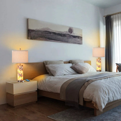 Room with 27.5 Inch Coastal Glass Table Lamps Set Of 2 With Seashells And Fairy Lights, 3 Way Dimmable Touch Lamps With USB Ports