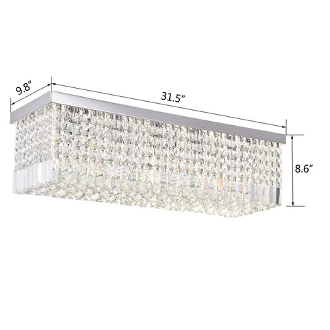 Lit Modern Crystal Rectangle Chandelier Lighting With Raindrop Crystals, Chrome Flush Mount LED Pendant Light for luxurious settings