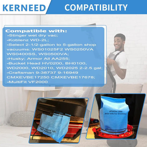 Compatibility chart for Eight Pack Wet Dry Filter Bags For 2.5 To 5 Gallon Shop Vacuums including Craftsman, Husky models.