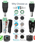 Comparison of Rock Solid 5.5Mm X 2.1Mm Dc Power Connectors showcasing features like high quality screw and thick copper head.