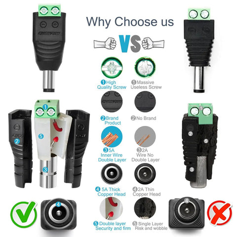 Comparison of Rock Solid 5.5Mm X 2.1Mm Dc Power Connectors showcasing features like high quality screw and thick copper head.