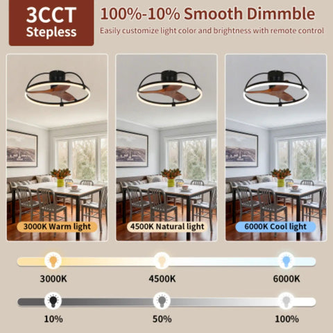 Nepal Solid Wood Flush-Mount Ceiling Fan with Light and Remote Control displaying three light color temperatures in a dining room.