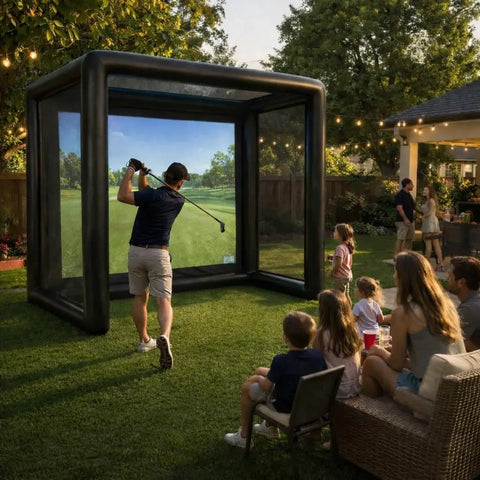 Portable Indoor Golf Practice Enclosure With Airtight PVC Screen Cage For Garage Or Backyard, golfer practicing in backyard