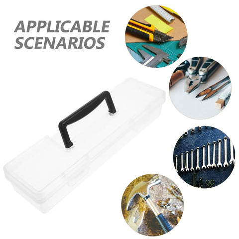 Grab And Go Portable Plastic Toolbox With Handle, Large Capacity Craft And Hardware Organizer, seen from above with multiple tools around.