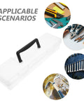 Heavy Duty Tool Box With Slick Divided Compartments And Secure Lid For Kickin Clutter Aside And Boss Organization Of Your Washi Tape And Stash Essentials, clear plastic storage case with black handle.