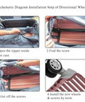 Schematic diagram showing steps to install Durable Nylon Luggage Caster Wheels Replacement Pair on a suitcase.