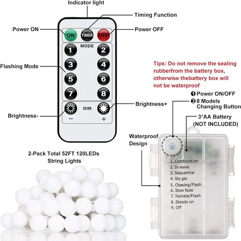 Remote and battery box for 52 Foot Battery Operated String Lights 2 Pack With 120 LEDs Waterproof Indoor Outdoor Decor