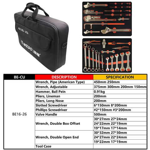 Non Sparking 26 Piece Tool Set With Two Pipe Wrenches 450mm And 250mm, tool bag, tool specifications, beryllium copper tools
