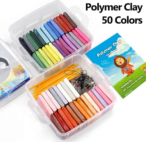 Ultimate Polymer Clay Starter Kit With 50 Vibrant Colors, Oven Bake Modeling Clay, storage box, tools, and project guide