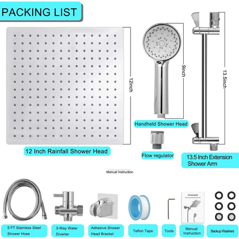Dope 12 Inch Rain Shower Head With Handheld Spray Dual Square Rainfall Set Anti Leak Adjustable 13.5 Inch Extension Arm High Pressure