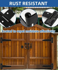Light Duty T Strap Hinges for Barn Doors and Gates 4 Inch Black Wrought Iron Rustproof 6 Pack shown on a wooden gate