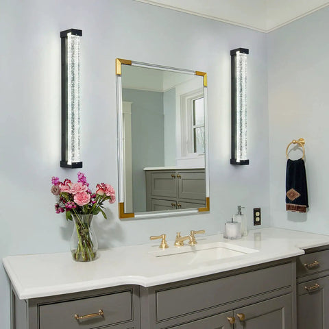 Bathroom with two Crystal Bubble Glass Wall Sconce LED Light Fixture Black Modern Dope Vanity Lamp next to mirror