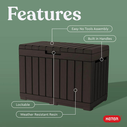50 Gallon Resin Deck Box For Outdoor Storage Of Patio Cushions Throw Pillows And Garden Tools Brown Finish Durable Weather Resistant Construction For Patios Garages Or Covered Decks with features highlighted