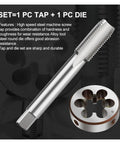 Super Heavy Duty Left Hand Machine Tap And Die Set For Automotive Tie Rods Gas Fittings With Metric Sizes M3 To M20 HSS Steel Tool Kit For Quick Fixes On Rotating Machinery Components; tap and round die shown