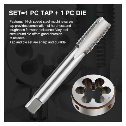 Super Heavy Duty Left Hand Machine Tap And Die Set For Automotive Tie Rods Gas Fittings With Metric Sizes M3 To M20 HSS Steel Tool Kit For Quick Fixes On Rotating Machinery Components; tap and round die shown