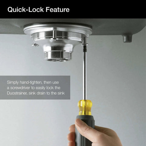 Installing Duostrainer Kitchen Sink Drain With Basket Polished Brass Solid Brass Construction Fits Three And A Half Inch Or Four Inch Outlets Removable Basket With Open And Close Stopper No Tailpiece Included Easy Install with screwdriver