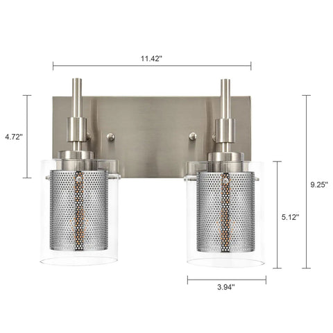 Brushed Nickel Vanity Light Fixture With Clear Glass And Metal Mesh 2 Light Vanity Lights for Bathroom Wall Bedroom Living Room