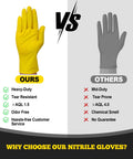 Comparison image showing Badass Heavy Duty Nitrile Gloves With 6 Mil Yellow Raised Diamond Texture and inferior grey gloves.