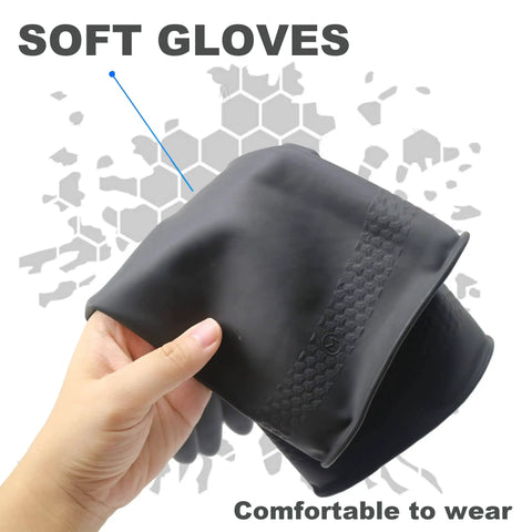 Hand holding Chemical Resistant Work Gloves For Heavy Duty Industrial Tasks With Diamond Grip Pattern 12.2 Inch Rubber Gloves