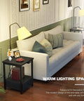Living room with Floor Lamp With Built In Table And USB Outlet Nightstand Drawer Attached Reading Light End Table, black finish.
