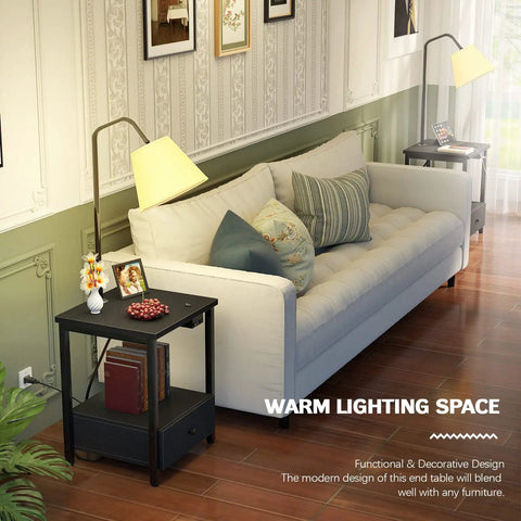 Living room with Floor Lamp With Built In Table And USB Outlet Nightstand Drawer Attached Reading Light End Table, black finish.