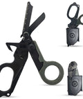 Six In One Foldable Trauma Shears Tactical Rescue Scissors For Emergency Response With Seat Belt Cutter Glass Breaker Ring Cutter Oxygen Tank Wrench And More Grab And Go Everyday Carry Ready, foldable black steel scissors