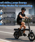 Folding Electric Bike With 1000W Peak Motor 25 MPH Top Speed 14 Inch E Bike 48V 10Ah Battery in city with riding modes displayed