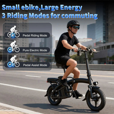 Folding Electric Bike With 1000W Peak Motor 25 MPH Top Speed 14 Inch E Bike 48V 10Ah Battery in city with riding modes displayed