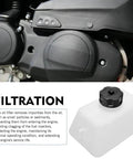 Gas Tank Kit For Mini Bikes And ATVs, white fuel canister with oil filter displayed near an engine, focus on filtration feature.