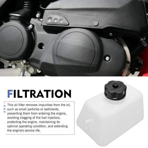 Gas Tank Kit For Mini Bikes And ATVs, white fuel canister with oil filter displayed near an engine, focus on filtration feature.
