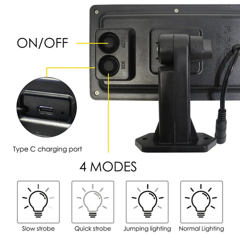 Outdoor Solar String Lights 50 Feet With 23 Shatterproof G40 Bulbs Waterproof Patio Garden Lighting Solar Powered Type C charging port and on/off buttons with four lighting modes displayed.