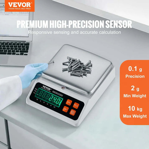 Industrial Counting Scale for Parts and Coins With 10 Kg Capacity, shown with screws on stainless steel pan, LED display visible