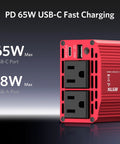 Heavy Duty Car Power Inverter Converts 12V DC To 110V AC With Dual US Socket Outlets and USB-C ports for charging.