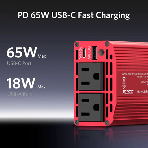Heavy Duty Car Power Inverter Converts 12V DC To 110V AC With Dual US Socket Outlets and USB-C ports for charging.