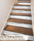14 Piece Peel And Stick Stair Risers Self Adhesive Vinyl Stickers With Faux Weathered Rustic Wood Look installed on stairs