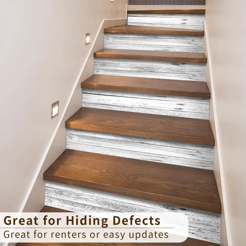 14 Piece Peel And Stick Stair Risers Self Adhesive Vinyl Stickers With Faux Weathered Rustic Wood Look installed on stairs