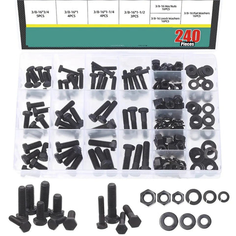 240Pcs Grade 8 Hex Bolts Nuts Washers Assortment Kit With SAE Coarse Thread Black Oxide Fasteners Set For DIY Projects And Auto Repair 3/8-16 organizer tray