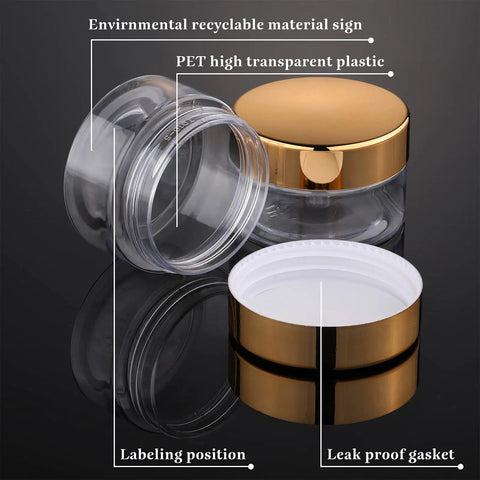 Hella Durable 12 Pack Of 8 Oz Round Clear Plastic Jars With Secure Twist Lids, Premium Pet Containers For Slime, Cosmetics, Travel Kit, And Pantry Storage With Gold Caps