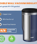 Hella Tough Navy Blue Four In One Insulated Stainless Steel Drink Koozie with copper liner, double wall vacuum insulated for 12 oz cans.