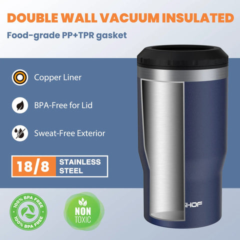 Hella Tough Navy Blue Four In One Insulated Stainless Steel Drink Koozie with copper liner, double wall vacuum insulated for 12 oz cans.
