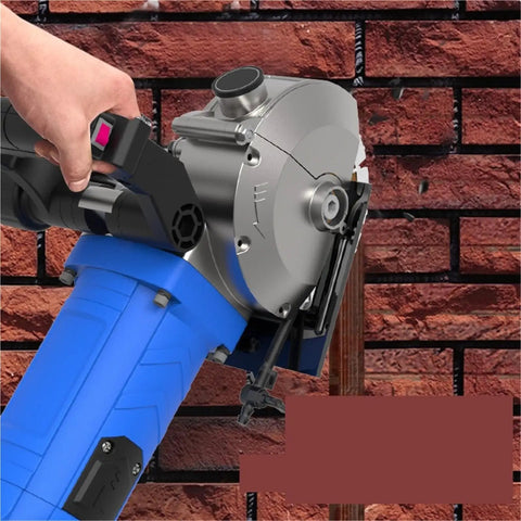Heavy Duty Handheld Wall Chaser And Deep Slotting Rig For Brick Concrete Masonry Cuts, compact design, user grip in action.