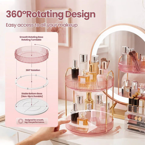 Total Game Changer, 360 Rotation Makeup Organizer For Vanity Desk showing 2-tier rotating stand with perfume bottles.