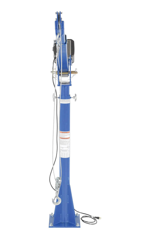 Workhorse 115 Volt Power Lift Jib Crane Built Tough Lets You Move Two Thousand Pounds With No Sweat showcased with blue steel frame and winch.