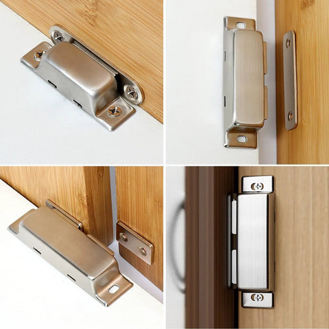 Heavy Duty Magnetic Cupboard Door Stop Set With Stainless Steel Cabinet Catches And Door Latches on wooden cabinet