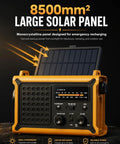 Beefed Up Emergency Weather Radio With Hand Crank Solar Power And 12000mAh Battery, Big 8500mm2 Solar Panel displayed prominently