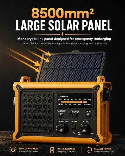 Beefed Up Emergency Weather Radio With Hand Crank Solar Power And 12000mAh Battery, Big 8500mm2 Solar Panel displayed prominently