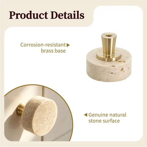Set Of Six Natural Stone Cabinet Knobs And Round Marble Drawer Pulls With Solid Brass Base For Kitchen Cabinets And Bathroom Vanities Adding Swanky Charm That Is Built Like A Tank And Feels Dead Legit - close-up of natural stone cabinet knob with brass base.