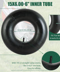 Two Pack Heavy Duty Inner Tubes 15x6.00-6 With TR-13 Valve Stem for lawn mowers tractors ATVs, showing dimensions and details.